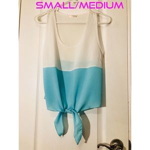 Flowy white and green tie front bow tank top